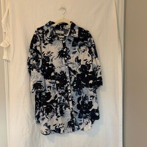 Michele Navy and White Floral Button-Down Shirt Dress, Size L/XL
